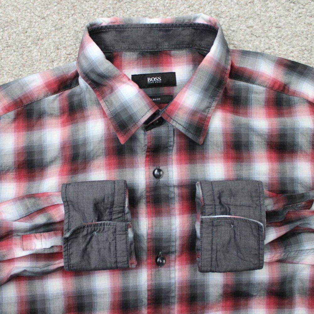 BOSS Hugo Boss Shirt Mens Medium Red/Black Ronni_2 Slim Fit Flip Cuff Cotton L/S